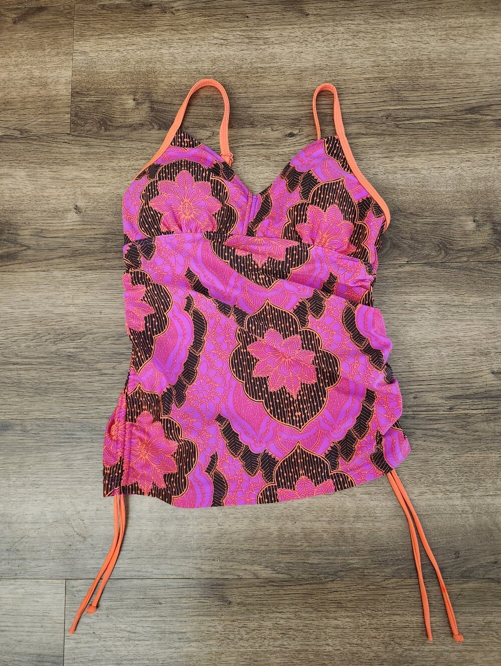 Women’s Pink Floral Tankini Top with Orange Trim